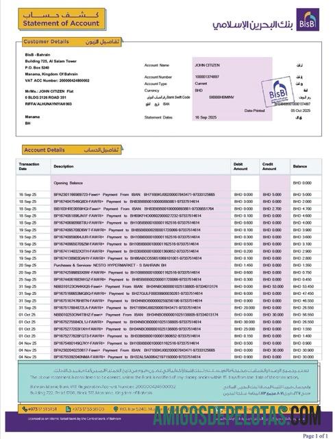 Extrato de conta do Banco Islâmico do Bahrein para download, modelo Word e PDF